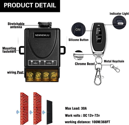 12 Volt Remote Switch Wireless,DC12V/24V/48V/72V/30A Relay,Remote Control Switch,RF Remote Control with 328FT Long Range for All Kinds DC Motors,F...
