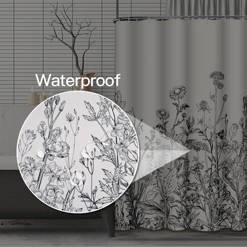 Emvency Shower Curtain Floral Border Herbs and Wild Flowers Botanical Vintage Engraving Light Grey Background Black Waterproof Polyester Fabric 72...