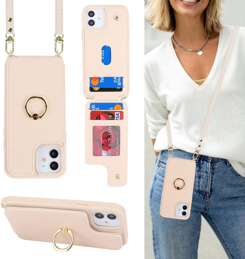 for iPhone 11 Phone Case with Card Holder and Strap for Women,Crossbody Lanyard,Kickstand Ring Stand,Snap Clasp,Phone Wallet Cases 6.1 inch(Beige)...