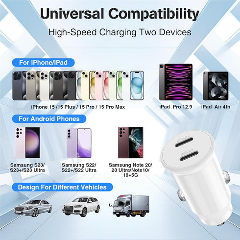 Car Charger for iPhone 15, 40W Dual USB C Car Charger Cigarette Lighter with 2 Pack 3FT USB C to USB C Cable Fast Charging Compatible for iPhone 1...