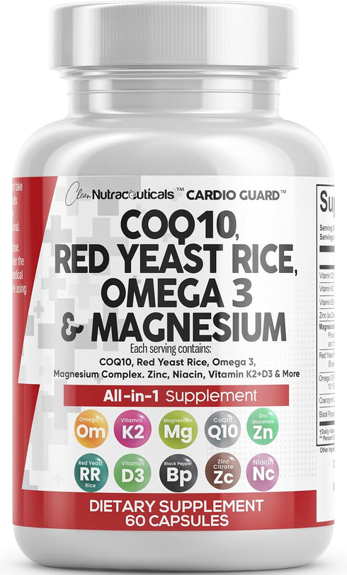 COQ10 200mg Red Yeast Rice 3000mg Omega 3 3000mg Magnesium Complex 500mg Niacin Zinc Vitamin K2 D3 - Heart Health Support Vitamins for Women and M...