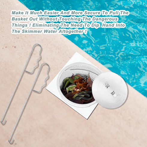 2 Set Pool Skimmer Basket Handle, 16" Stainless Steel Swimming Pool Skimmer Lid Lifting Hook with Pool Test Strip Holder Universal Skimmer Lid Lif...
