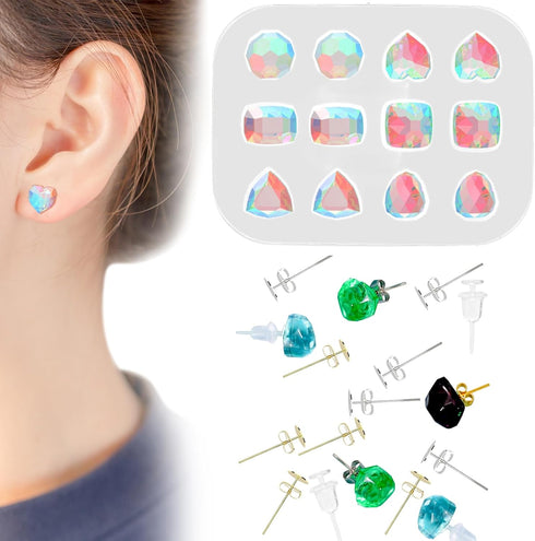 BROVITI Mini Gem Resin Jewelry Making Supplies Kit Mini Gem Ear Stud Crystal Epoxy Mold with Ear Studs and Earring Backs for DIY Art Craft Jewelry...