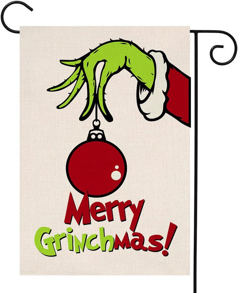 Grinch Merry Christmas Small Garden Flag Vertical Double Sided Burlap Red Green Yard Outdoor Decoration 12 x 18 Inches...
