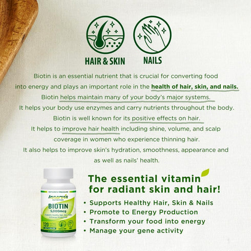 Biotin 5000 mcg Supplement – Support Healthy Hair Growth Skin Nails Energy Production 120 Veggie Capsules Vitamin B7...
