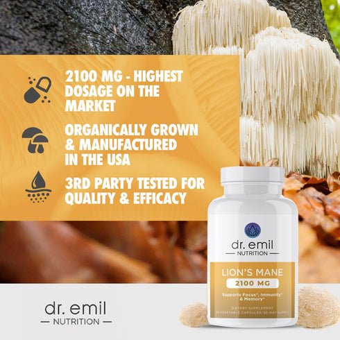 DR. EMIL NUTRITION 2100mg Organic Lions Mane Supplement Capsules - Focus, Mental Clarity & Cognition - Nootropic Lion's Mane Mushroom Supplement w...