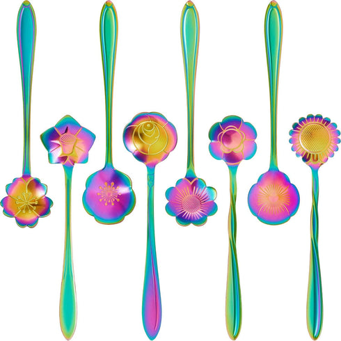 8 Pieces Flower Spoon Coffee Teaspoon Set Stainless Steel Tableware Creative Sugar Spoon Tea Spoon Stir Bar Spoon Stirring Spoon, 8 Different Patt...