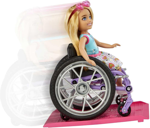 Barbie Chelsea Doll & Wheelchair with Moving Wheels, Ramp, Sticker Sheet & Accessories, Small Doll with Blonde Hair...