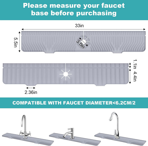 Longer Sink Splash Guard Mat 33 inch, Silicone Faucet Handle Drip Catcher Tray, Longer Silicone Sink Mat for Kitchen Bathroom, Drip Protector Spla...