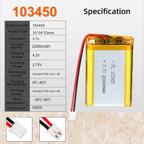 3.7V 2000mAh Battery 103450 Lithium Polymer Ion Rechargeable Li-ion Li-Po Battery with 2P PH 2.0mm Pitch Connector...