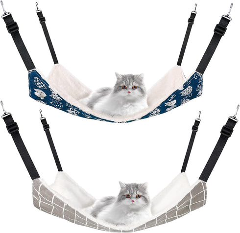 2 Pieces Reversible Cat Hanging Hammock Soft Breathable Pet Cage Hammock with Adjustable Straps and Metal Hooks Double-Sided Hanging Bed for Cats ...
