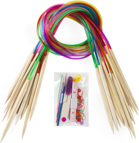 18 Pairs Bamboo Knitting Needles Set, Vancens Circular Wooden Knitting Needles with Colorful Plastic Tube, Small Tools for Weave are Included, 18 ...