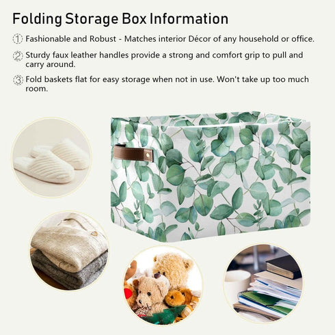 xigua Green Leaves Storage Basket Collapsible Toy Storage Bins Waterproof Canvas Storage Basket with Leather Handles for Home Closets Offices,Bedr...