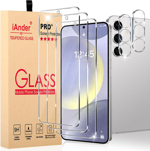 iAnder 3 Pack Glass Screen Protector for Galaxy S24 Plus, 2 Pack Galaxy S24+ Camera Lens Protector with Easy Installation Tray, Supports Fingerpri...