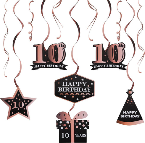 LINGTEER Happy 10th Birthday Decorations - 12 Pcs Birthday Black & Rose Gold Foil Swirls Streamer Set,Cheers to Ten Years Old Bday Party Gift Deco...