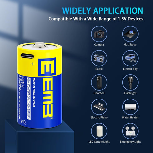 EEMB D Batteries 1.5V Rechargeable D Batteries 5550mWh Rechargeable Lithium D Cell Batteries USB Type C Charging Cable LR20 Replacement Battery fo...