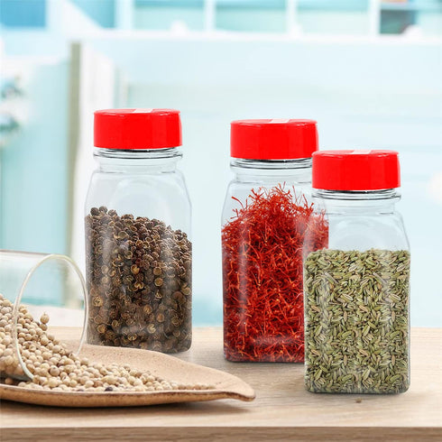 RoyalHouse 6 Pack 9.5 Oz Plastic Spice Jars with Red Cap, Clear and Safe Plastic Bottle Containers with Shaker Lids for Storing Spice, Herbs and S...