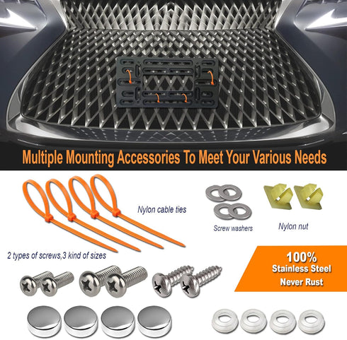 Front License Plate Mounting Kit- Stainless Steel License Plate Frame and Universal Bracket for No Drilling Hole Front Bumper, Car Tag Cover Adapt...