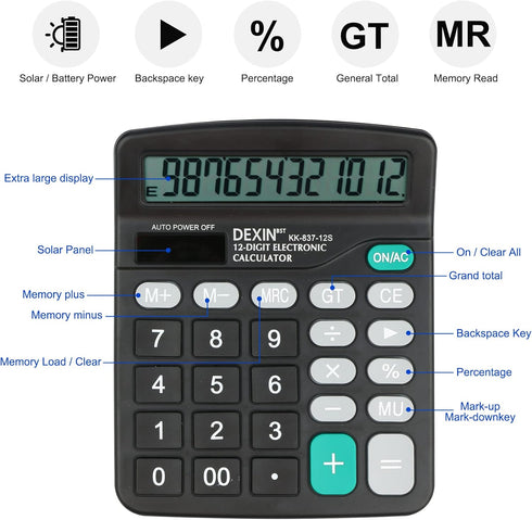 Desk Calculator, Envysun Compact 12-Digit Solar Battery Office Electronic Calculator with LCD Display, Dual Power Desktop Scientific Calculators (...