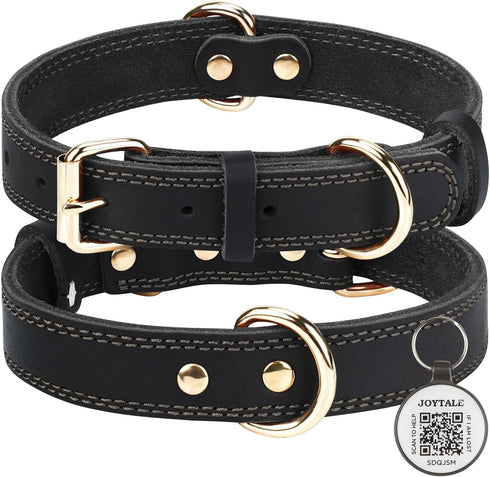 Joytale Leather Dog Collars for Small Dogs, Genuine Heavy Duty Dog Collar with QR ID Tag, Soft Metal Buckle Collars, Black, S...