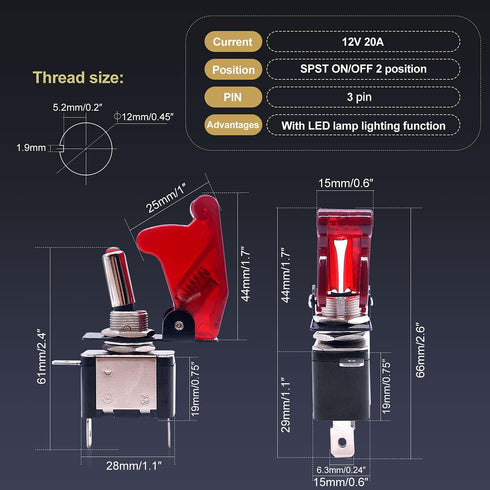 Twidec/3Pcs Rocker Toggle Switch 12V 20A Heavy Duty Racing Car Automotive Auto SPST ON/Off Toggle Switch Red LED Light Illuminated 3Pin with Red W...