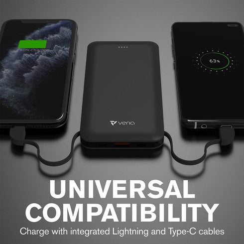 VENA 10,000 mAh Portable Battery Charger with Built-in USB-C & MFI Lightning Cable, 4 Output 2 Input (Quick Charge 3.0 & Power Delivery) 18W High ...