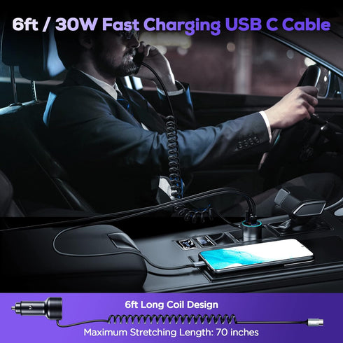USB C Car Charger, 75W Metal 3-Port Super Fast Car Charger Adapter PD & QC3.0 Built-in 6ft Type C Coiled Cable for Samsung Galaxy S22/21 iPhone iP...