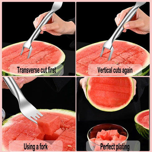 2 in 1 Watermelon Slicer Cutter,Stainless Steel Watermelon Fork Slicer,Dual Head Slicer and Fork Fruit Cutting Tool Watermelon Knife for Family Pi...