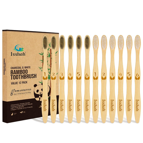 Biodegradable Eco-Friendly Natural Bamboo Charcoal Toothbrushes, FSC Certified and PETA Approved - 12 Count...