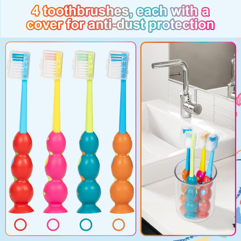 Kids Toothbrush 4 Pack - Soft Bristles with Suction Cup for Easy Storage, Toddler Toothbrush Children Sized Brush Head, Girl & Boy Set...