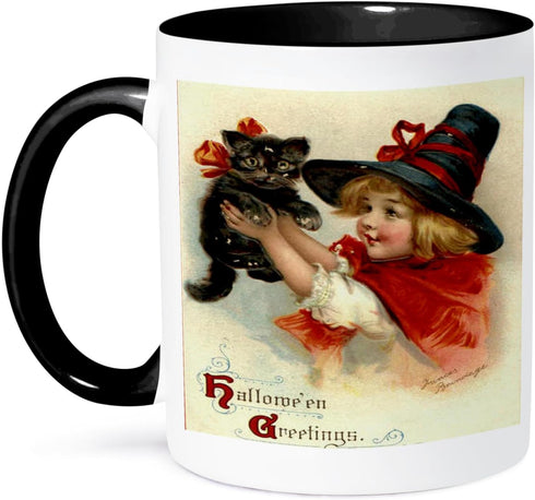 3dRose mug_47024_4 "Halloween Greetings - cat, cute, girl, costume, halloween, trick or treat, witch" Two Tone Black Mug, 11 oz, Multicolor...