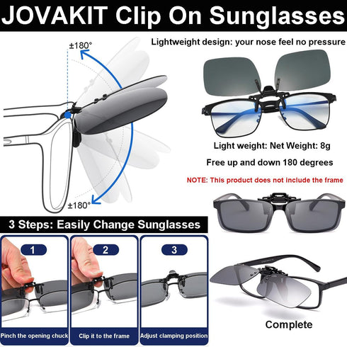 JOVAKIT Square Polarized Clip On Flip Up Sunglasses Over Prescription Glasses for Men Women Rectangle Shape Sun Glasses...