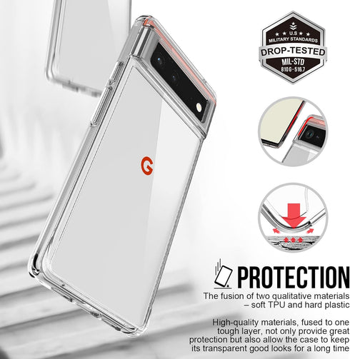 for Google Pixel 6 Case: Military-Grade Shockproof Phone Cover with Tempered Glass Screen Protector, Anti-Scratch & Reinforced Bumpers - Crystal C...