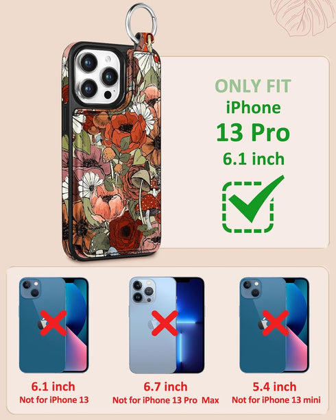 Shorogyt for iPhone 13 Pro Wallet Case with Card Holder, Designer Mushroom Flower Pattern Kickstand Magnetic Clasp Back Flip Folio Leather Phone C...