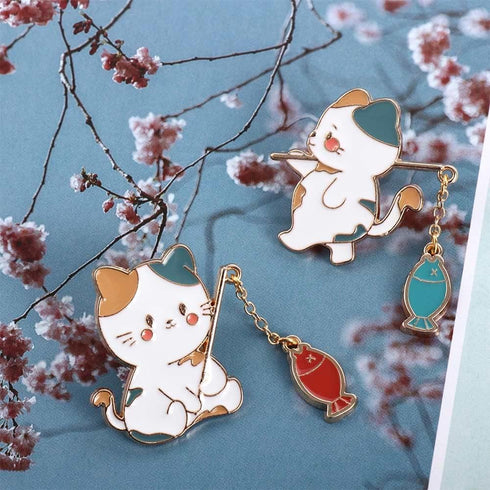2PCS Cute Cat Fishing Brooch Pin,Cartoon Animal Brooch Metal Cat Brooch Pins Kawaii Animal Badge Pin for Women Men...