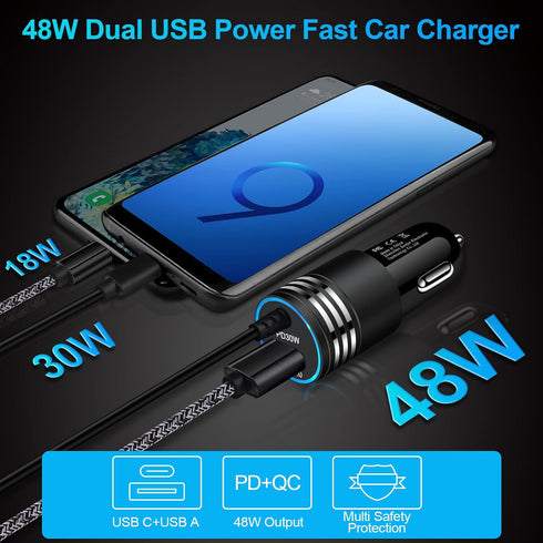 48W Super Fast Samsung Car Charger USB C Rapid Android Car Adapter with 30W Built-in Type C Fast Charging Cable for Samsung Galaxy S24 S23 Ultra S...