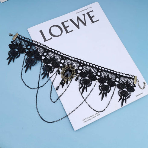 Boho Lace Choker Necklace Black Lace Tassel Necklace Choker Gothic Drape Crystal Lace Collar Necklace Vintage Black Cz Waterdrop Necklace Chain Je...