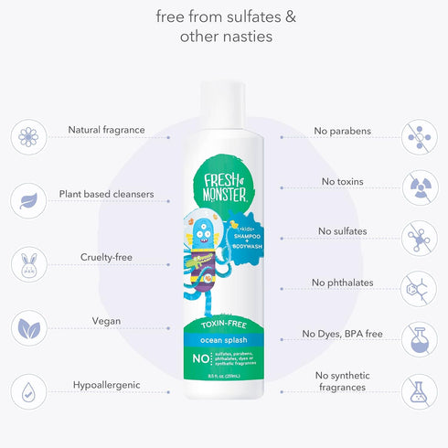 Fresh Monster 2-in-1 Kids Shampoo & Body Wash, Toxin-Free, Hypoallergenic, Natural Shampoo & Body Wash for Kids, Ocean Splash (8.5oz)...