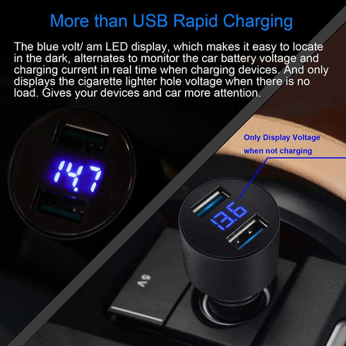Car Charger, USMEI Quick Charge 3.0 Dual USB Charger Adapter with Voltmeter, Compatible with iPhone 15/14/13, Samsung S24/S23/S22/Note 20/10 and M...