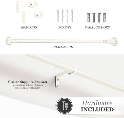 Kenney Rachel Fluted Ball Window Curtain Rod, Adjustable 28-48 Inch, Antique White...