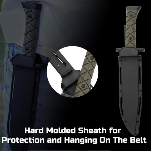 15" Fixed Blade Tactical Knives with Sheath, Stainless Steel Survival Hunting Bushcraft Full Tang Non-Slip Handle Knife with Serrated Blade Back f...