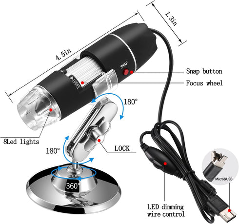 Original 40-1000X USB Microscope with Portable Carrying Case, Digital Magnification Endoscope Camera 8 LEDs Metal Base for Android Phone and Table...