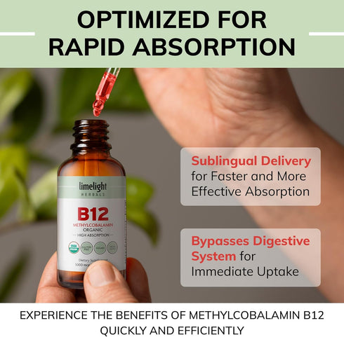 Organic Vitamin B12 Sublingual Drops, Extra Strength 5000 mcg Methylcobalamin, No Additives, Vegan Liquid B12 – Supports Energy Production, Nervou...