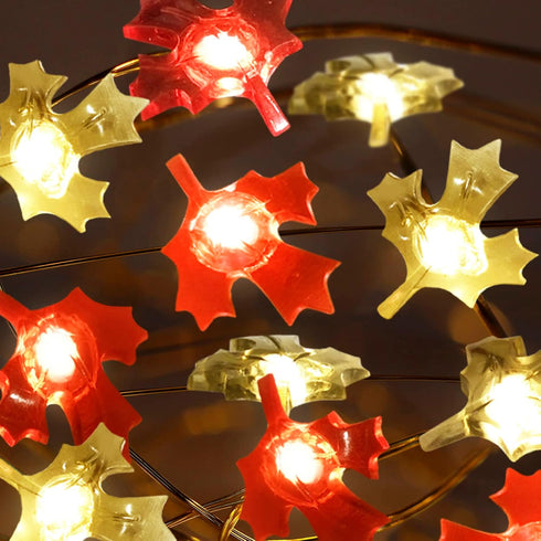 FURORA LIGHTING Red & Green Maple Leaf LED Fairy Lights with 6/18 Timer, 20 LED Warm Night Lights, 90-Inches of Magical Fairy Lights for Room Déco...