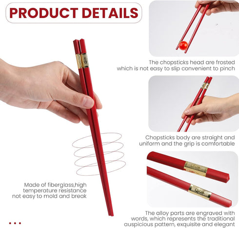 EORTA 10 Pairs Red Fiberglass Chopsticks 24 CM Reusable Dishwasher Safe Chinese Chopsticks Chinese Luck Words Printed Food Serving Tools, Happines...