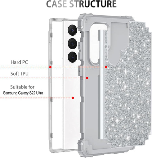 LONTECT for Galaxy S22 Ultra 5G Case Three-Layer Shockproof Heavy Duty Hybrid Sturdy High Impact Protective Cover Glitter Sparkly Bling Case for S...