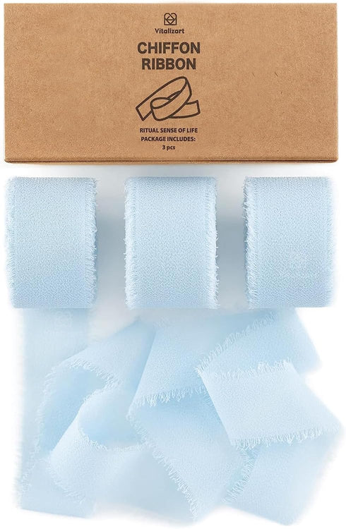 Vitalizart Light Blue Chiffon Silk Ribbon 1" x 21Yd Fringe Fabric Eco-Friendly Package (3 Rolls *7Yd) for Wedding Invitations, Bridal Bouquets, De...