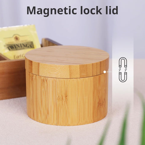 HTB Bamboo Salt Box With Magnetic Swivel Lid, 8.5oz Round Spice Container, Secure Durable Storage & Organization for Seasonings, Herbs...