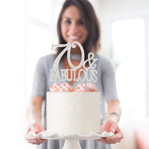 70 Cake Topper - Premium Silver Metal - 70 and Fabulous - 70th Birthday Party Sparkly Rhinestone Decoration Makes a Great Centerpiece - Now Protec...