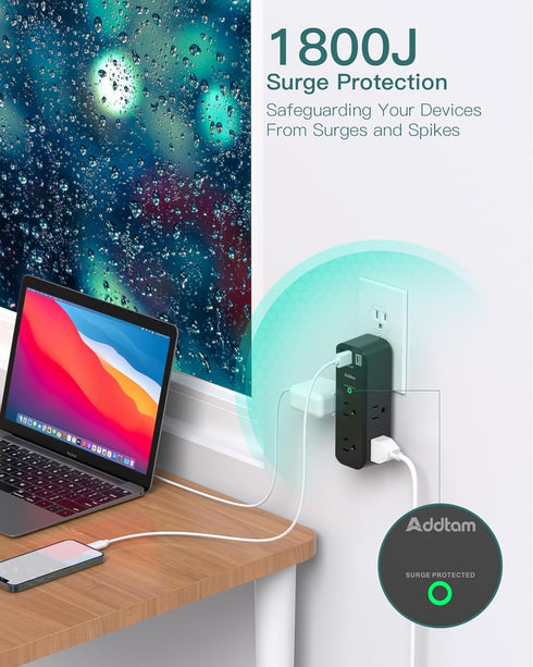 Surge Protector Outlet Extender - with Rotating Plug, 6 AC Multi Plug Outlet with 3 USB Ports, 1800J Wall Charger, 3-Sided Power Strip with Spaced...